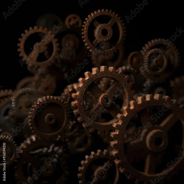 Fototapeta Rust programming language concept with rusty gears emerging from the dark , symbolizing robust and efficient coding .
