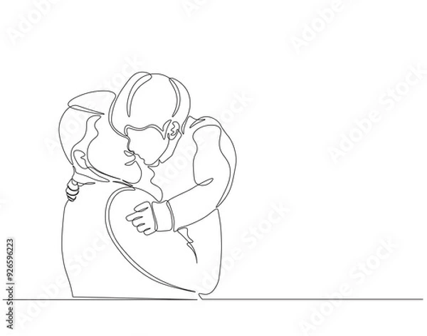 Fototapeta Continuous one line drawing of father and son together. Single line drawing illustration of dad and kid. Father day, Family parenting concept line art. Editable outline