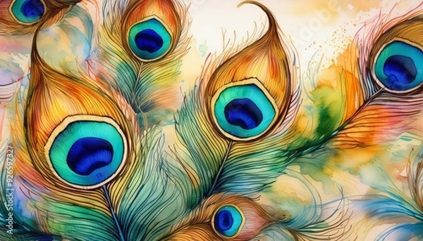Fototapeta Vibrant watercolor sketch of a seamless peacock tail pattern. The colorful abstract artwork features blurred peacock drawings in a retro style.