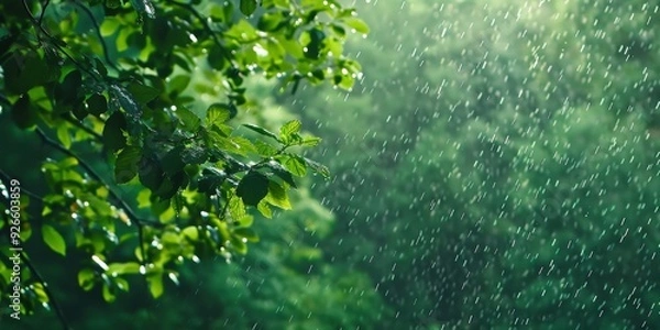Fototapeta A tranquil scene showcasing lush green leaves in the rain, creating a serene atmosphere of nature's beauty and freshness.