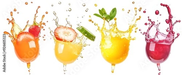 Fototapeta Four different fruit juices splashing with fruits on top, isolated on white background.