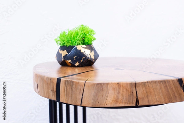Fototapeta A coffee table made of a wooden slab. Table made of epoxy resin. Loft style. Wooden vision with annual rings. The end of the table