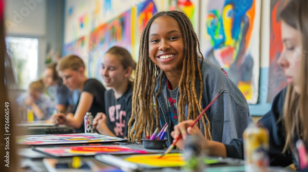 Fototapeta Smiling Teenage Girl Painting in Art Class with Classmates in Bright Classroom