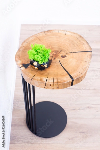 Fototapeta A coffee table made of a wooden slab. Table made of epoxy resin. Loft style. Wooden vision with annual rings. The end of the table