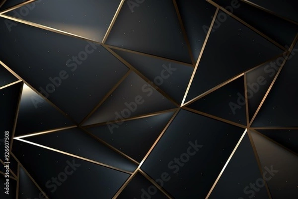 Fototapeta Abstract geometric background with black triangles and gold lines.