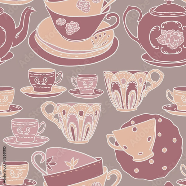 Fototapeta Vector seamless pattern with teapots, teacups, spoon. Retro tea background in vivid colors.