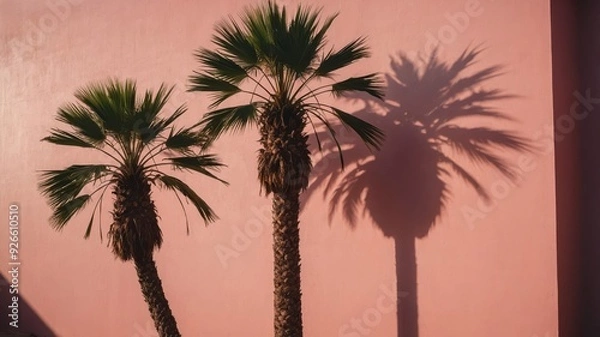 Fototapeta Three tall palm trees with soft shadows on a pink wall, capturing the peaceful and pleasant scenery.