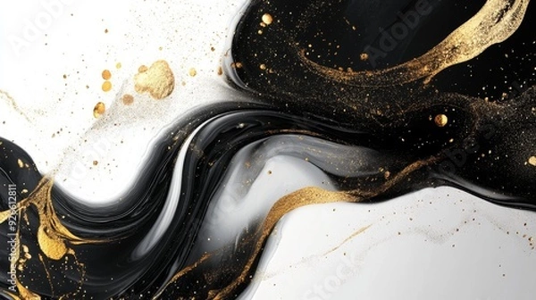 Fototapeta Abstract art featuring black and white swirls with gold glitter, symbolizing elegance, luxury, contrast, motion, and dynamism.
