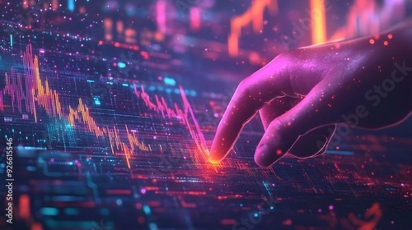 Fototapeta A close-up of a hand interacting with glowing stock market data on a digital interface, representing trading, investment, and financial analysis.