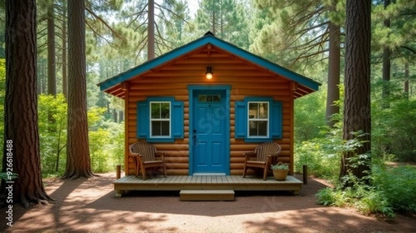 Obraz A quaint blue and gray cabin nestled in the woods, offering a peaceful and rustic retreat surrounded by nature's tranquility.