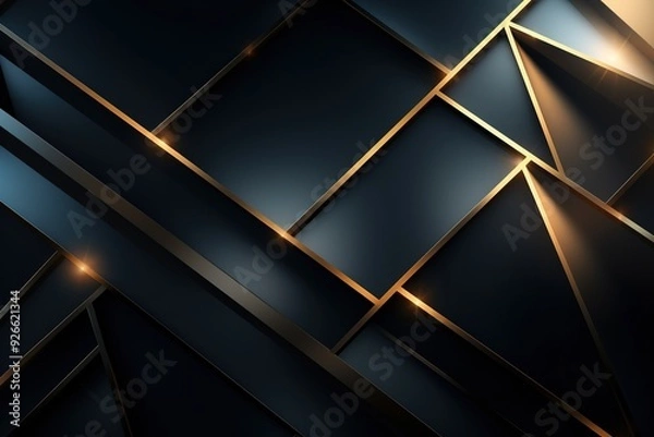 Fototapeta Abstract geometric background with gold lines and dark gray shapes.