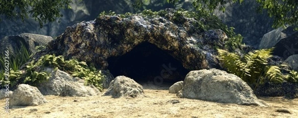 Fototapeta A dark cave entrance hidden in rocks and foliage.