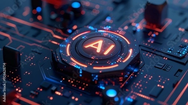 Fototapeta Futuristic Ai icon with AI text in the center of glowing circuit technology background