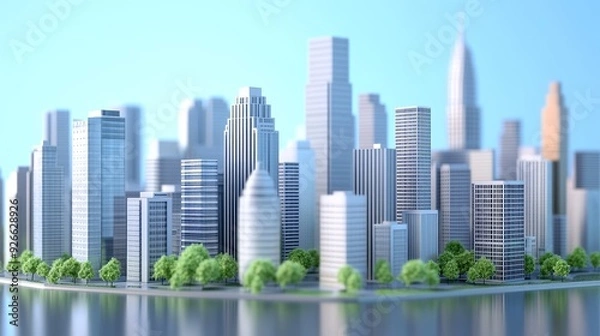 Fototapeta A modern cityscape with tall skyscrapers and green trees along the waterfront.  The city skyline is illuminated by the morning sun.