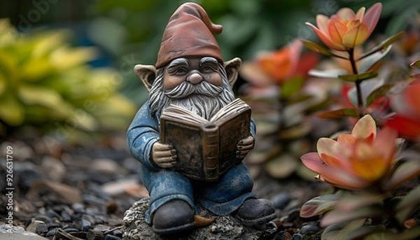 Obraz  A whimsical gnome statue engrossed in reading a book.