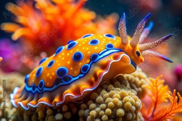 Fototapeta Vibrant orange and blue sea slug, its tentacles and body adorned with iridescent spots, clings to a colorful coral reef in a shallow sea.