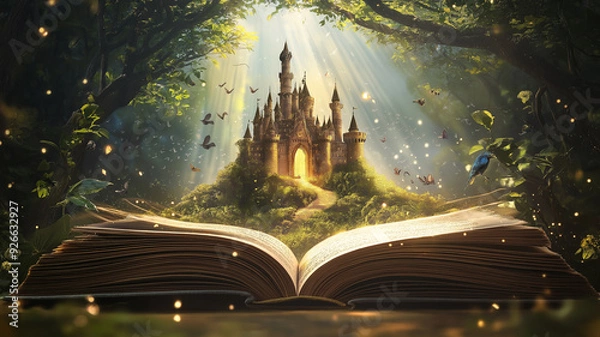 Fototapeta Magical Castle in a Forest from an Open Book