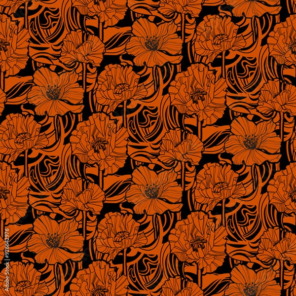 Fototapeta Floral seamless pattern with poppy flowers, vintage background with In art nouveau, retro style. Vector poppies illustration.