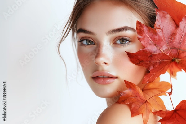 Fototapeta Portrait of beautiful young woman with autumn leafs. Healthy clean fresh skin natural make up beauty eyes on white background 