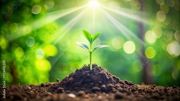 Fototapeta A stylized green arrow icon emerges from a small sprouting seedling, symbolizing growth, development, and progress in a modern minimalist illustration.