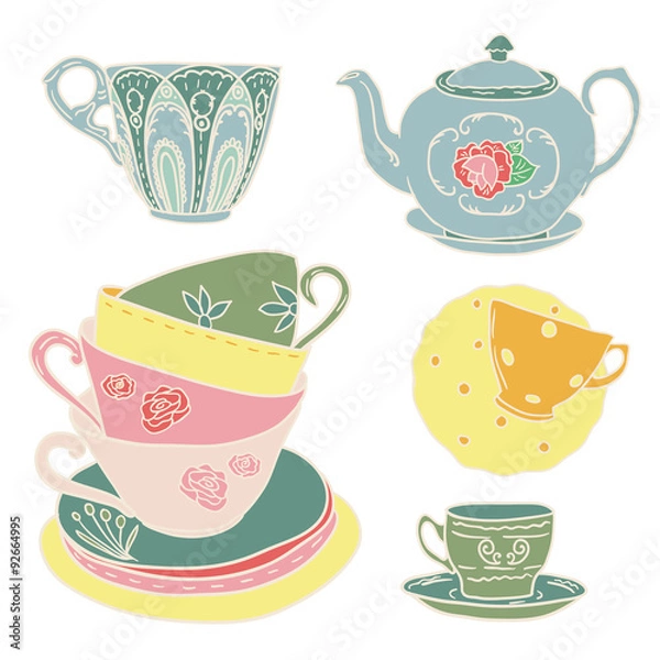 Obraz Vector set with teapots and teacups.
