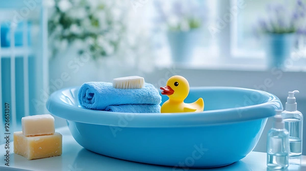 Fototapeta This image shows a blue baby bathtub with a yellow duck, a bar of soap, a towel, and two bottles of baby products.

