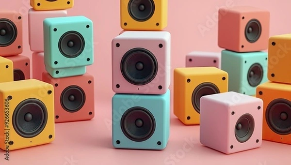 Fototapeta Colorful cube speakers on pink background.