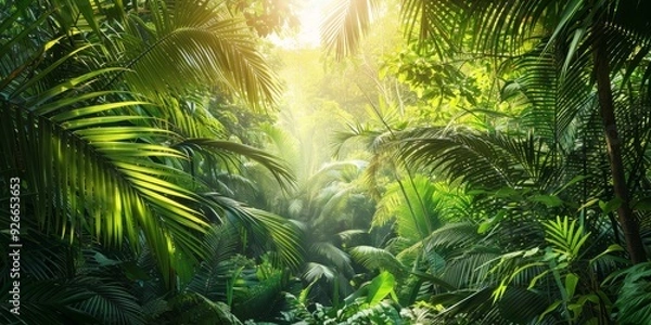 Fototapeta Lush tropical forest with vibrant foliage, sunlight filtering through dense trees, creating a serene and enchanting atmosphere.