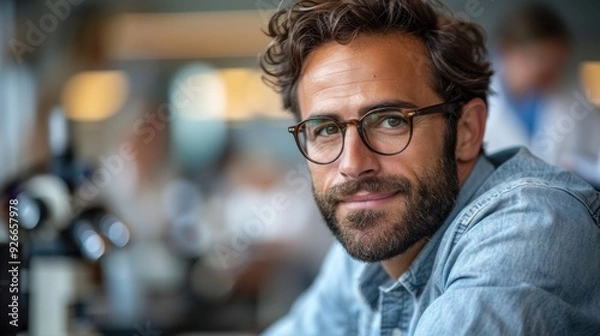 Fototapeta Young researcher with glasses smiling at a laboratory desk during a work session in a modern lab