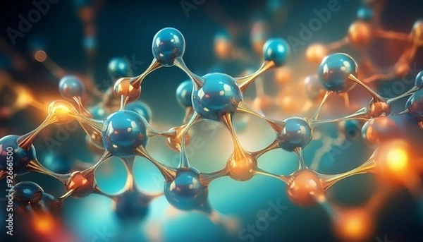 Fototapeta A vector illustration of a DNA model with a molecular network background, showcasing the structure and connections of atoms in chemistry and biology