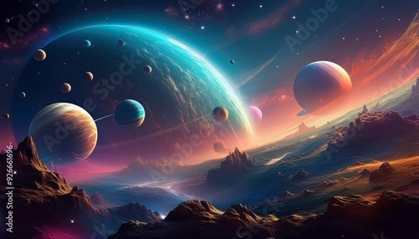 Obraz A vibrant alien planet in the dark night sky with Earth visible in the distance, surrounded by stars and clouds, creating a fantastical cosmic landscape