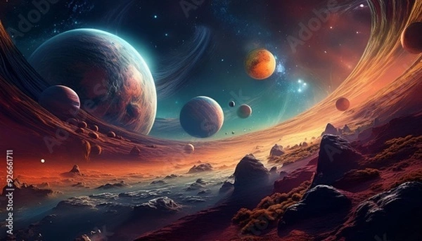 Obraz A vibrant alien planet in the dark night sky with Earth visible in the distance, surrounded by stars and clouds, creating a fantastical cosmic landscape