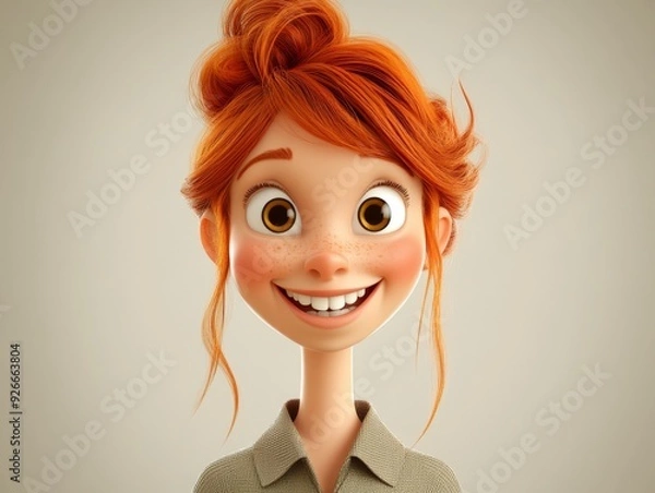 Fototapeta 3D cartoon illustration of a young woman with red hair and freckles smiling cheerfully.