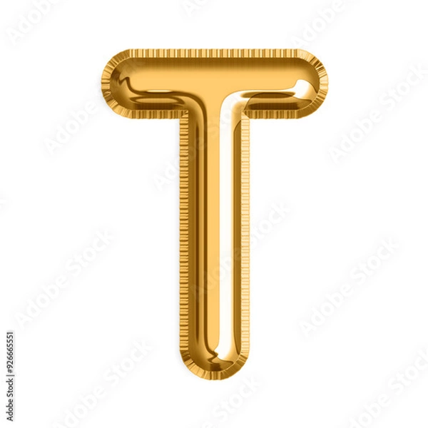 Fototapeta English Letter T in gold foil balloon isolated on transparent background PNG, 3d golden alphabet