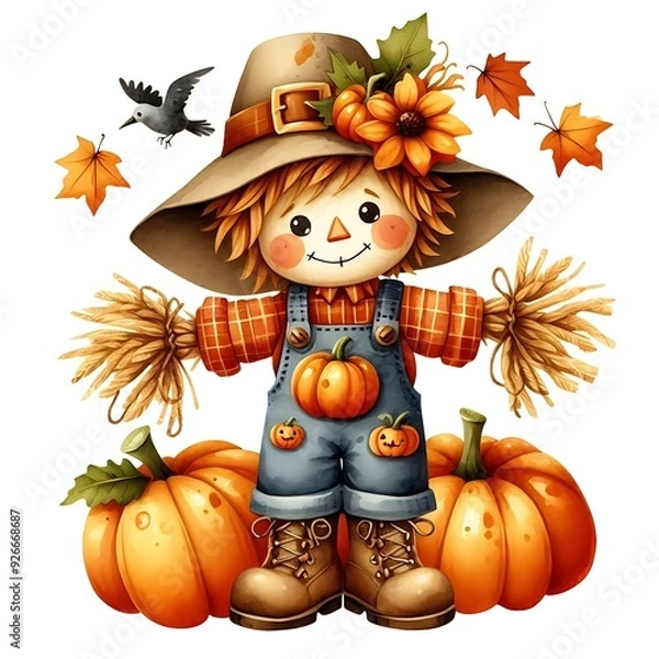 Obraz scarecrow adorned with pumpkins watercolor vector illustration