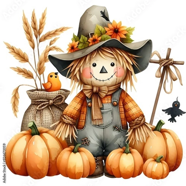 Obraz scarecrow adorned with pumpkins watercolor vector illustration