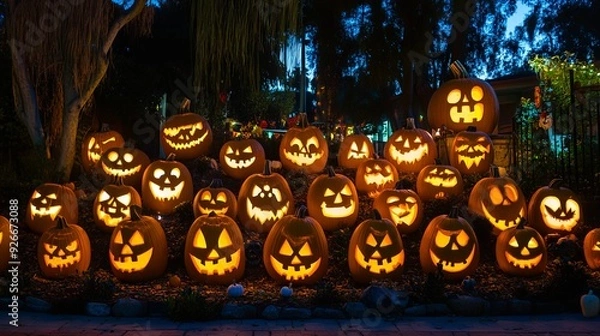 Fototapeta A group of jack-o-lanterns are lit up in the dark in a garden