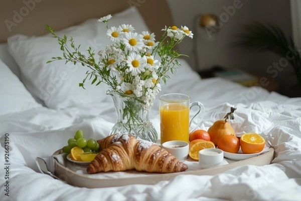 Obraz Breakfast in bed with a croissant, orange, and a glass of juice, decorated with a vase of daisies on a white bed.