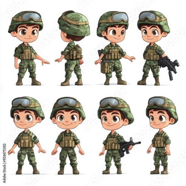 Obraz Cartoon soldier character in different poses.