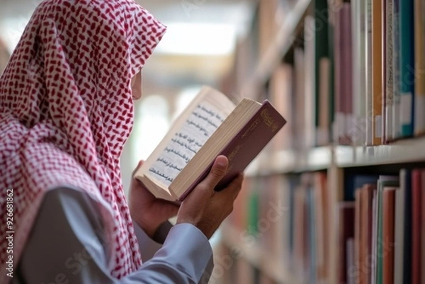 Obraz Man in a traditional headscarf reading a book in a library.