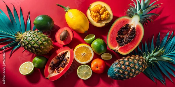 Fototapeta Top view creative layout with exotic summer fruits: papaya, pineapple, lime, yellow mango and passion fruit on pink background
