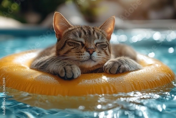 Fototapeta playful cat lounging on bright yellow pool float surrounded by sparkling blue water sunlight glinting off surface creating a summer vacation vibe whimsical and relaxing scene