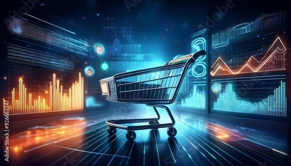 Obraz A Design Featuring Shopping Cart, E-commerce Metrics, Data Visualization, Futuristic Background, Generative AI