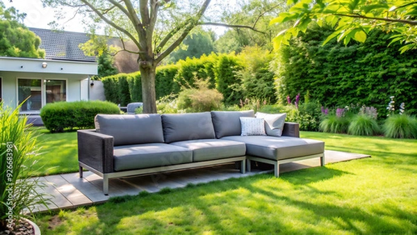 Fototapeta Comfortable gray sofa placed near lush green trees on terrace with grassy lawn on sunny summer day in house garden
