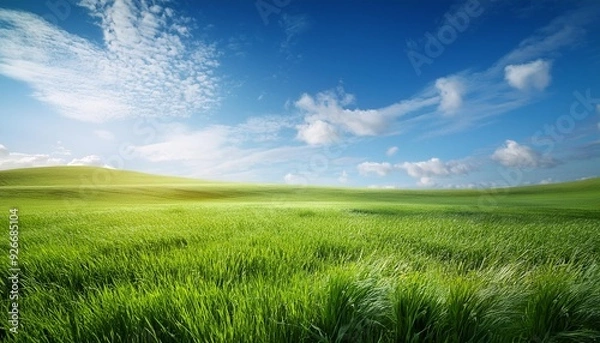 Fototapeta Sky and grass background, fresh green fields under the blue sky in spring
