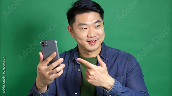 Fototapeta man holding phone and doing gesture isolated on pink background