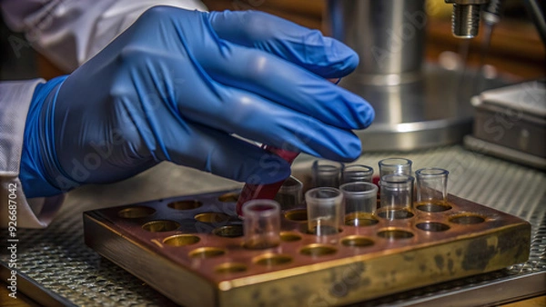 Fototapeta Crop view of hand of researcher in blue rubber gloves using medical equipment for doing test in laboratory
