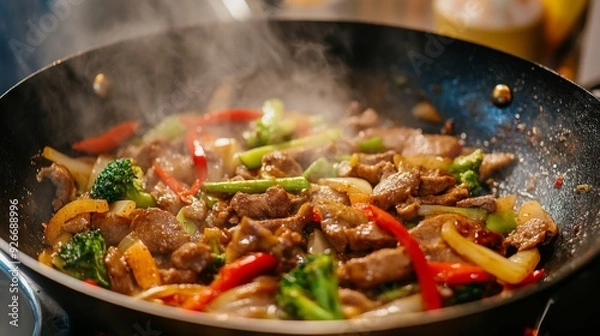 Fototapeta A detailed shot of a sizzling pan with a delicious stir-fry, showcasing the vibrant mix of vegetables and meat as it cooks.