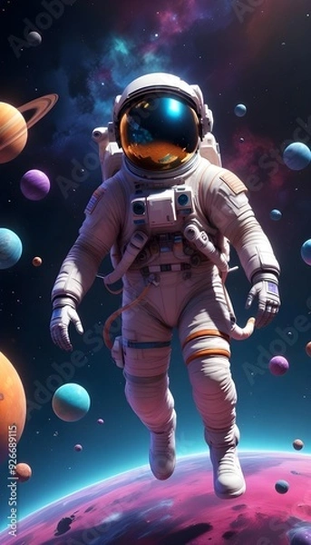 Fototapeta A middle-aged male astronaut floating in space surrounded by colorful planets and moons