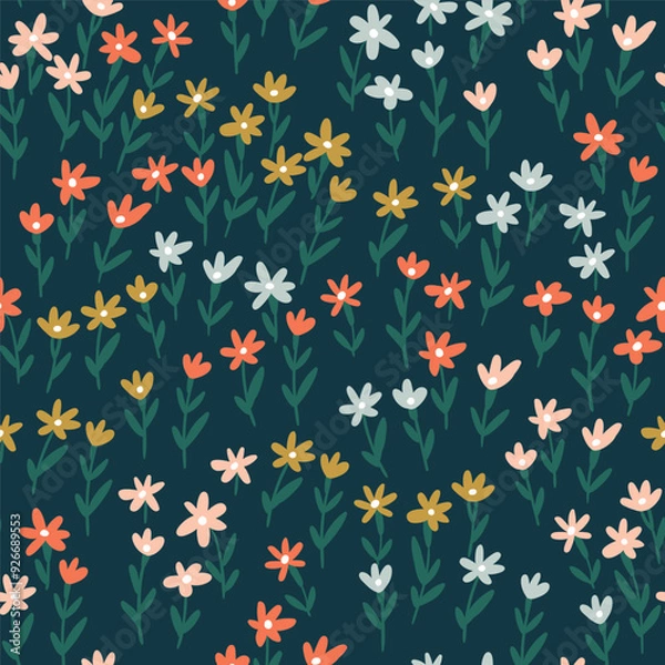 Fototapeta Vector Ditsy floral seamless pattern. Simple and cute colorful flowers on dark green background. Floral endless print for fabric design. Ideal for  summer female dresses. 